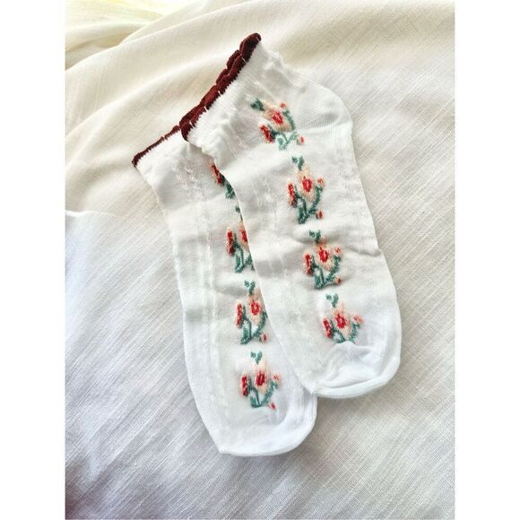 Green, burgundy, pink, and red floral white socks - Picture 1 of 2